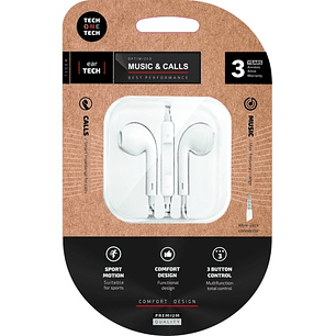 TechOneTech EearTech Auriculares Intraurales - Microfono Integrado - Mini Jack 3.5mm - Cable de 1.20m - Blanco