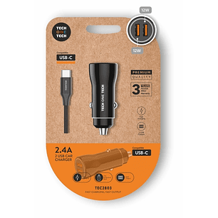 TechOneTech Cargador Doble de Coche + Cable USB-A a USB-C - Alto Rendimiento