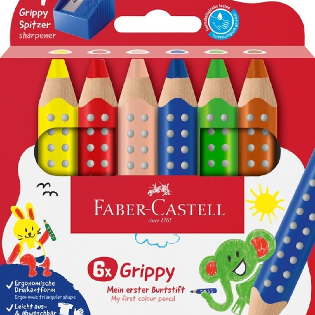 Faber-Castell Grippy Pack con 6 Lapices de Colores Gruesos Mina XXL Suave + Sacapuntas - Forma Triangular con Grip - Colores Surtidos 1