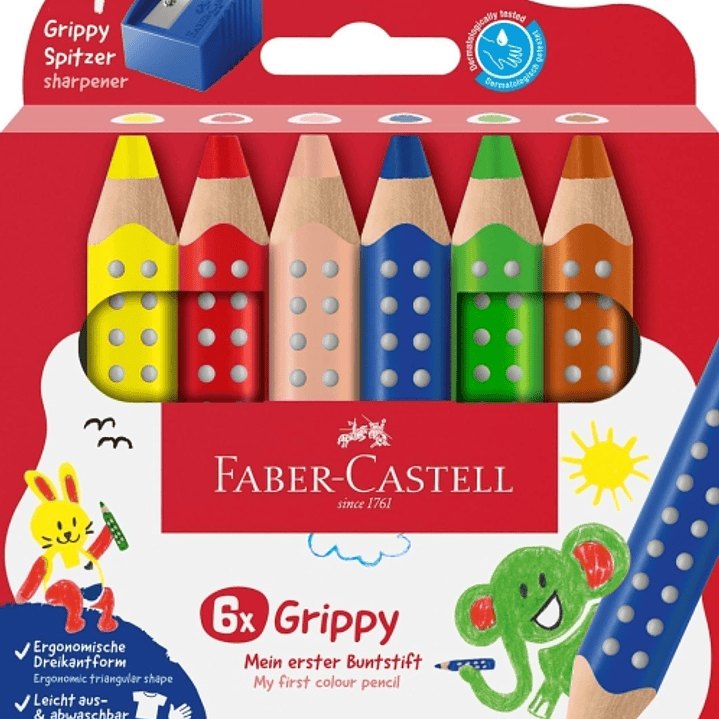 Faber-Castell Grippy Pack con 6 Lapices de Colores Gruesos Mina XXL Suave + Sacapuntas - Forma Triangular con Grip - Colores Surtidos 1