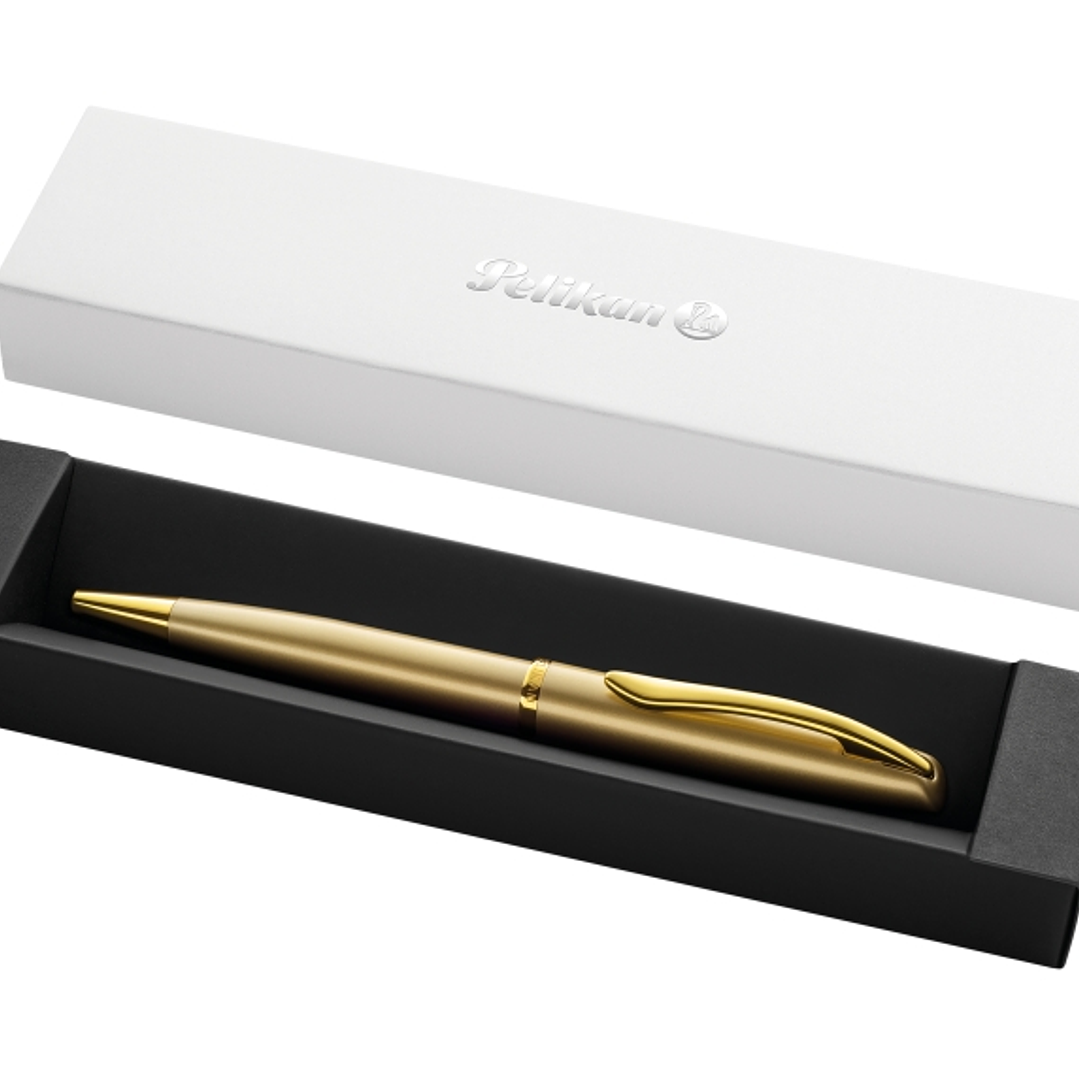 Pelikan Jazz Noble Boligrafo Retractil - Trazo de 1mm - Mecanismo de Giro - Recambio 337M Azul - Estuche de Regalo - Detalles Cromados - Color Oro 1