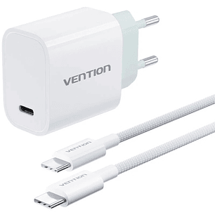 Vention Cargador de Pared - 30W - Cable de 1m Incluido - Chaqueta Trenzada de Algodon y TPE - USB-C - Carga Rapida - Color Blanco