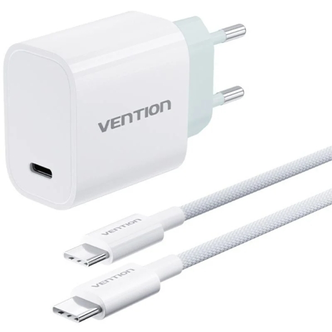 Vention Cargador de Pared - 30W - Cable de 1m Incluido - Chaqueta Trenzada de Algodon y TPE - USB-C - Carga Rapida - Color Blanco 1