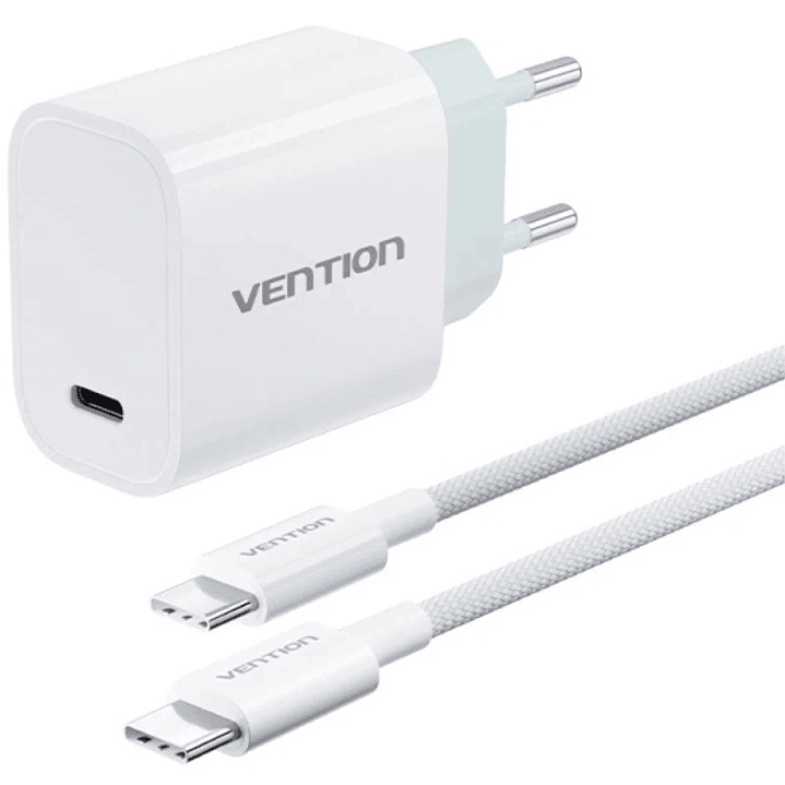 Vention Cargador de Pared - 30W - Cable de 1m Incluido - Chaqueta Trenzada de Algodon y TPE - USB-C - Carga Rapida - Color Blanco 1