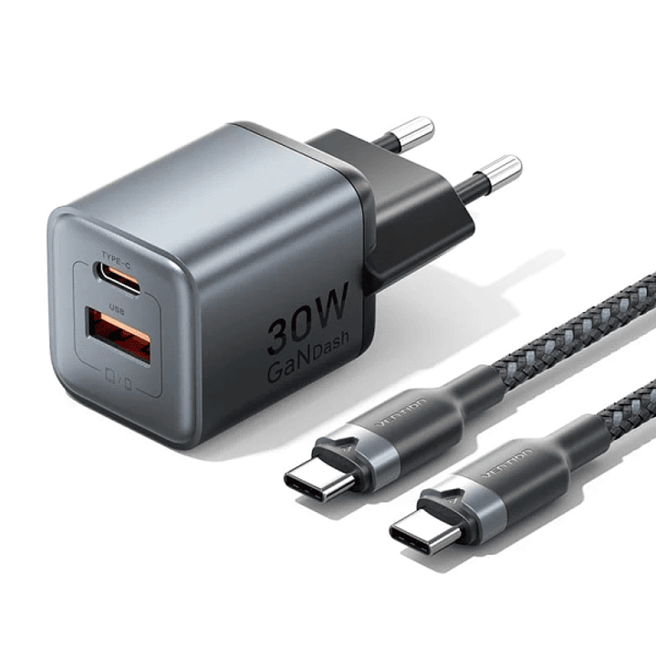 Vention Cargador de Pared - 30W - GaN - Cable de 1m Incluido - USB-C - USB-A - Power Delivery 3.0 - Qualcomm 3.0 - Carga Rapida - Color Gris 1
