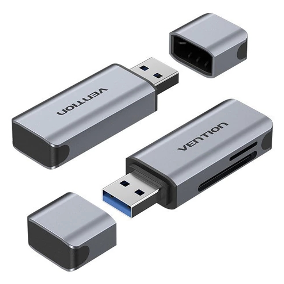Vention Lector de Tarjetas TF y SD - USB-A 3.0 - Aluminio - Plug and Play - Color Gris 1