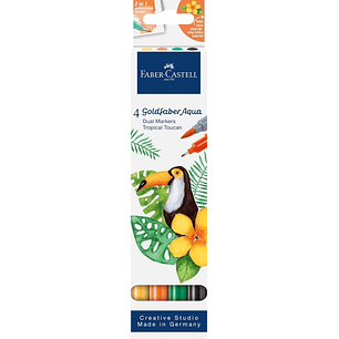 Faber-Castell Tropical Escapes Pack con 4 Rotuladores Goldfaber Doble Punta - Punta Pincel y Punta Fina 0.6mm- Solubles en Agua, Inodoros, Sin Acido y