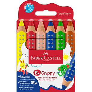 Faber-Castell Grippy Pack con 6 Lapices de Colores Gruesos Mina XXL Suave - Forma Triangular con Grip - Colores Surtidos