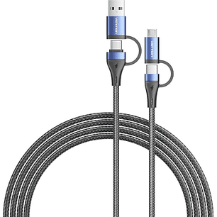 Vention Cable USB-C - Potencia hasta 100W - Longitud 2m - Adaptador USB-A - Adaptador Micro-USB - Velocidad hasta 480Mbps - Recubrimiento de Algodon T