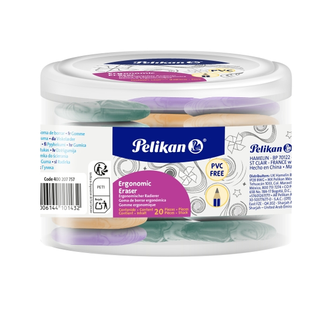 Pelikan Ergonomic Eraser Pack de 20 Gomas de Borrar - Vinilo - sin PVC - Efecto Marmol - Colores Surtidos 1