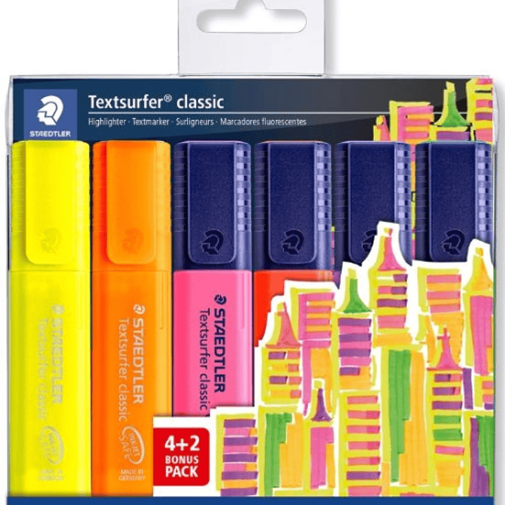 Staedtler Textsurfer Classic 364 Pack de 6 Marcadores Fluorescentes - Secado Rapido - Trazo 1 - 5mm Aprox - Colores Surtidos 1