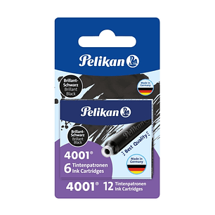 Pelikan 4001 Pack de 12 Cartuchos de Recambio - Tinta Duradera - Presentado en Blister - Color Negro Brillante