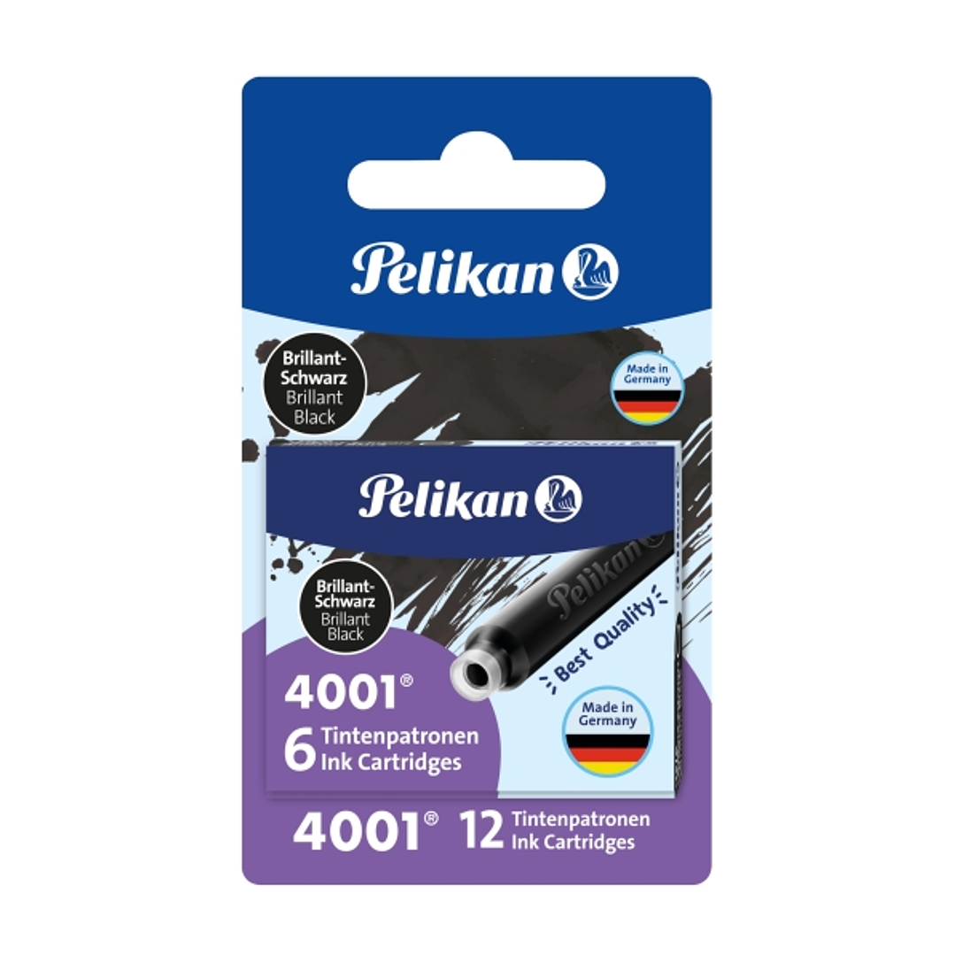Pelikan 4001 Pack de 12 Cartuchos de Recambio - Tinta Duradera - Presentado en Blister - Color Negro Brillante 1