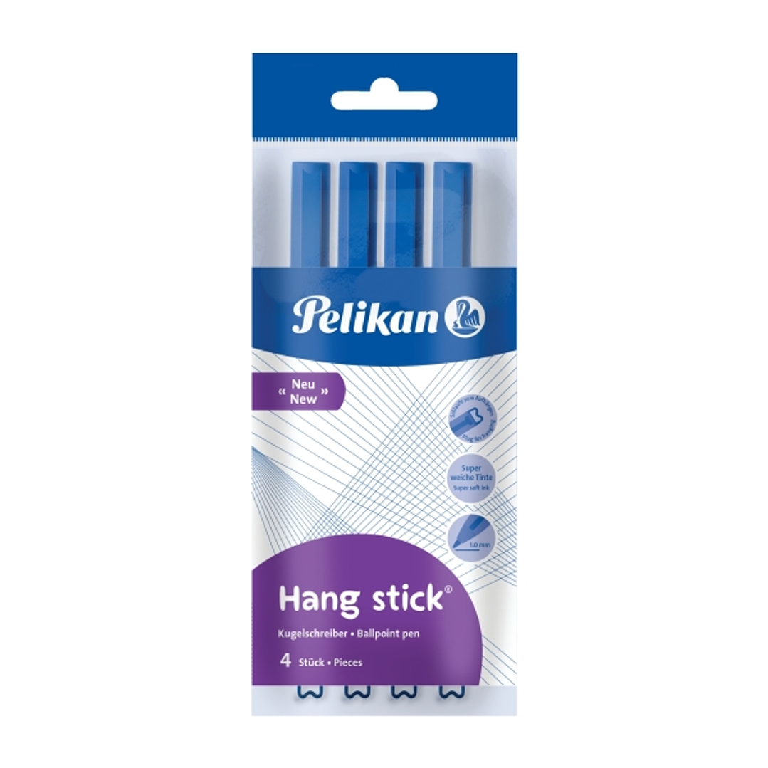 Pelikan Hang Stick Pack de 4 Boligrafos de Bola - Trazo de 1mm - Capuchon Antiasfixia - Cuerpo Triangular Ergonomico - Gancho - Tinta a Base de Aceite 1