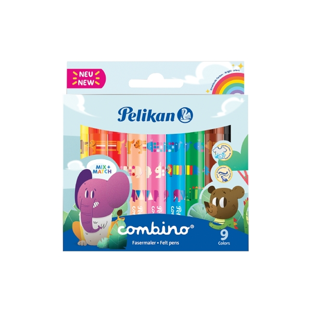 Pelikan Combino Jumbo Pack de 9 Rotuladores de Colores - Lavables - No Toxicos - 2 Anchos de Trazo - Punta de Fibra - Colores Surtidos 1