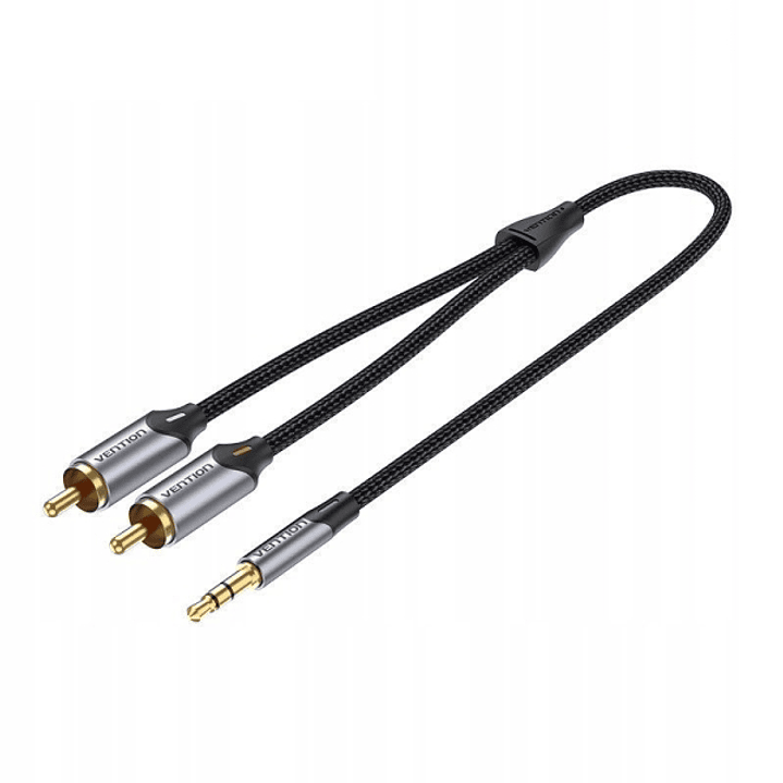 Vention Cable de Audio Estereo - Longitud 5m - Jack 3.5mm - 2xRCA - Conectores Chapados en Oro - Chaqueta Trenzada de Algodon y PVC - Color Gris 1