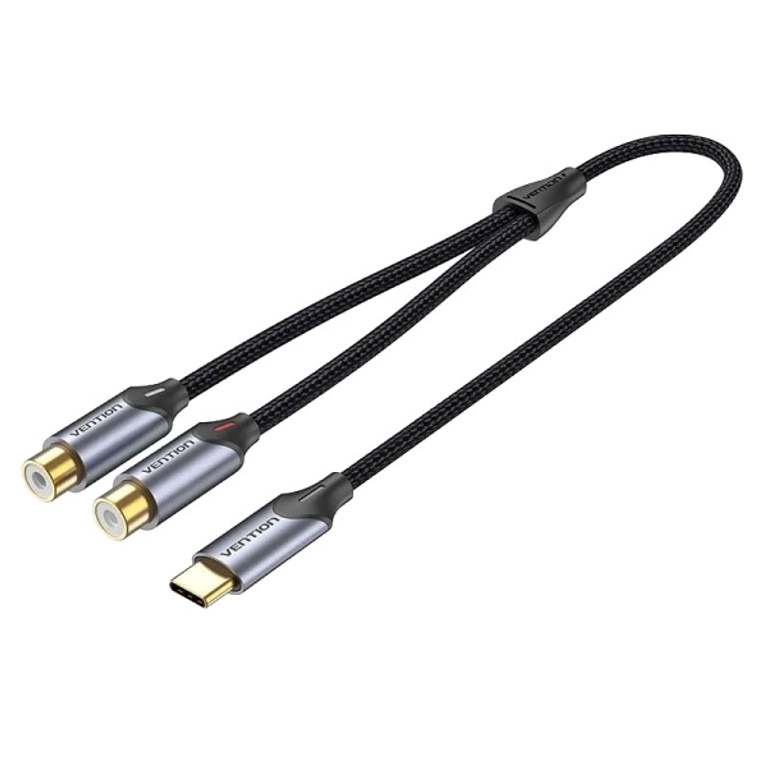 Vention Cable Adaptador de Audio - Longitud 1.5m - USB-C Macho - 2xRCA Hembra - Aluminio - Conectores Chapados en Oro - 29 AWG - Color Gris 1