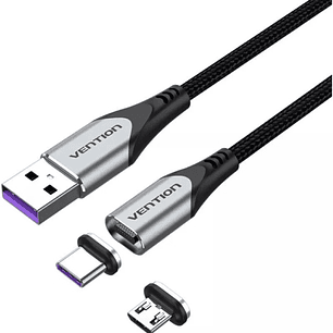 Vention Cable USB 2.0 - Longitud 50cm - USB-A - USB-C y Micro-USB Intercambiables - Velocidad hasta 480Mbps - Recubrimiento de Nailon Trenzado - Color