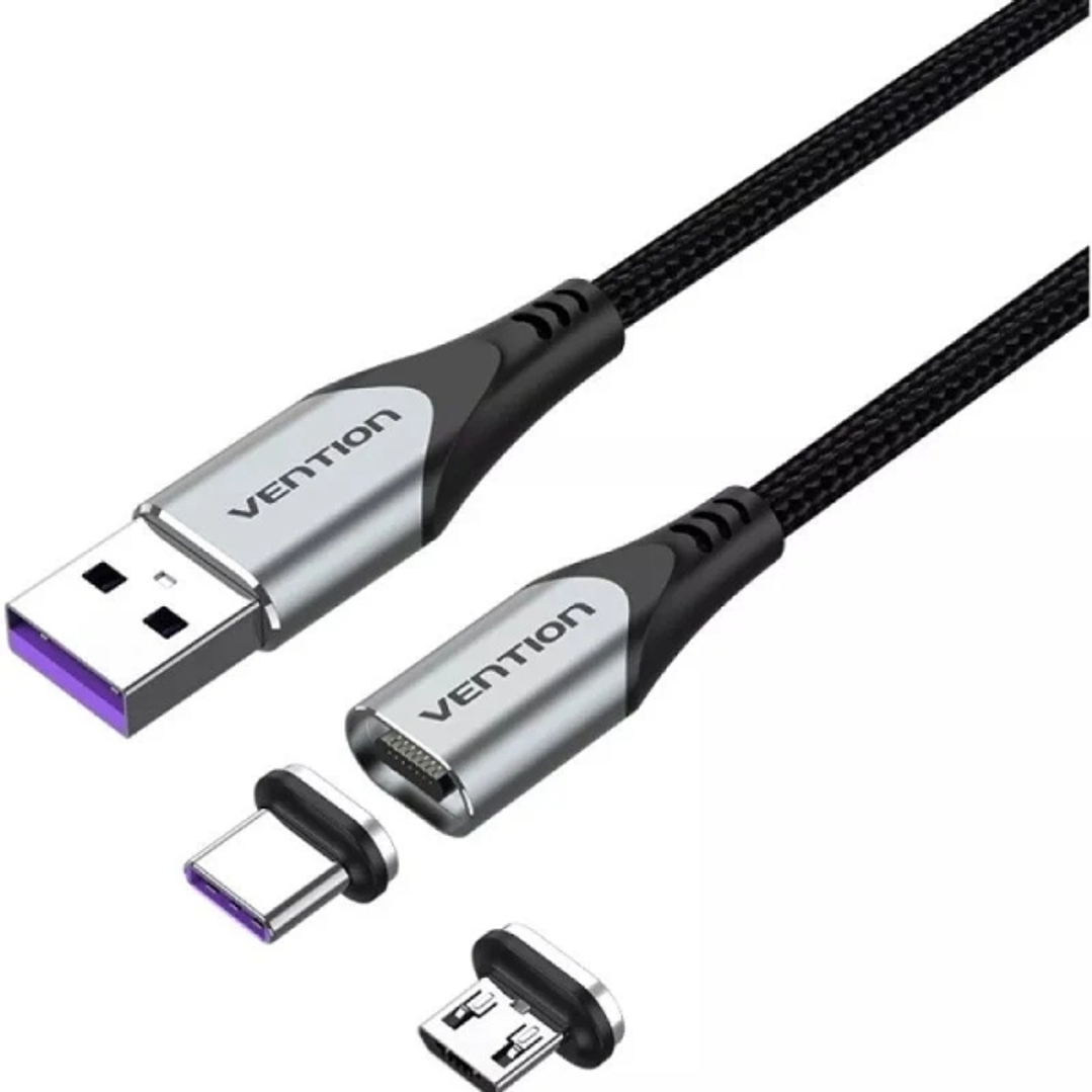 Vention Cable USB 2.0 - Longitud 50cm - USB-A - USB-C y Micro-USB Intercambiables - Velocidad hasta 480Mbps - Recubrimiento de Nailon Trenzado - Color 1