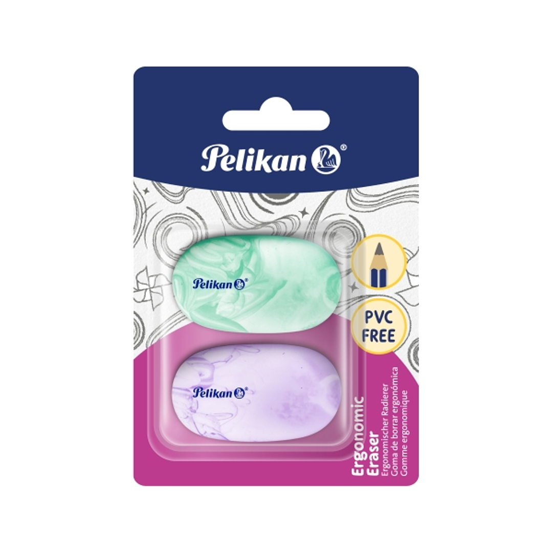 Pelikan Ergonomic Eraser Pack de 2 Gomas de Borrar - Vinilo - Blister - sin PVC - Efecto Marmol - Colores Surtidos 1