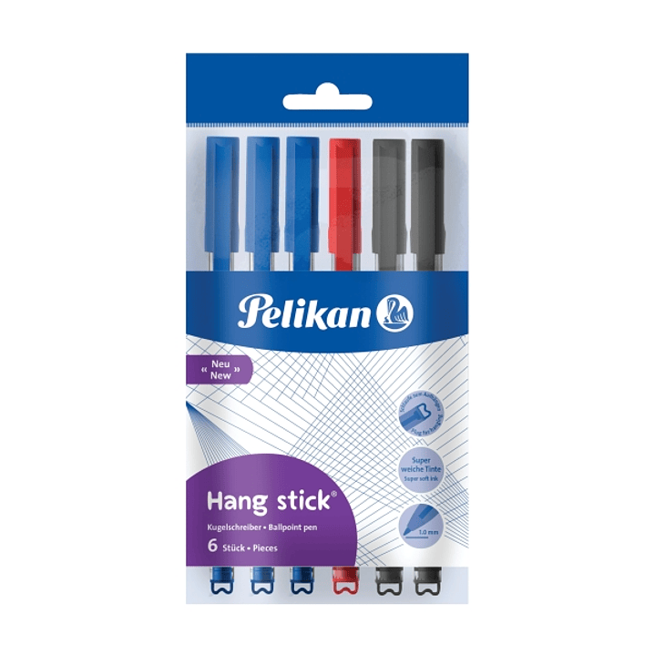 Pelikan Hang Stick Pack de 6 Boligrafos de Colores - Trazo de 1mm - Capuchon Antiasfixia - Cuerpo Triangular Ergonomico - Gancho - Tinta a Base de Ace 1