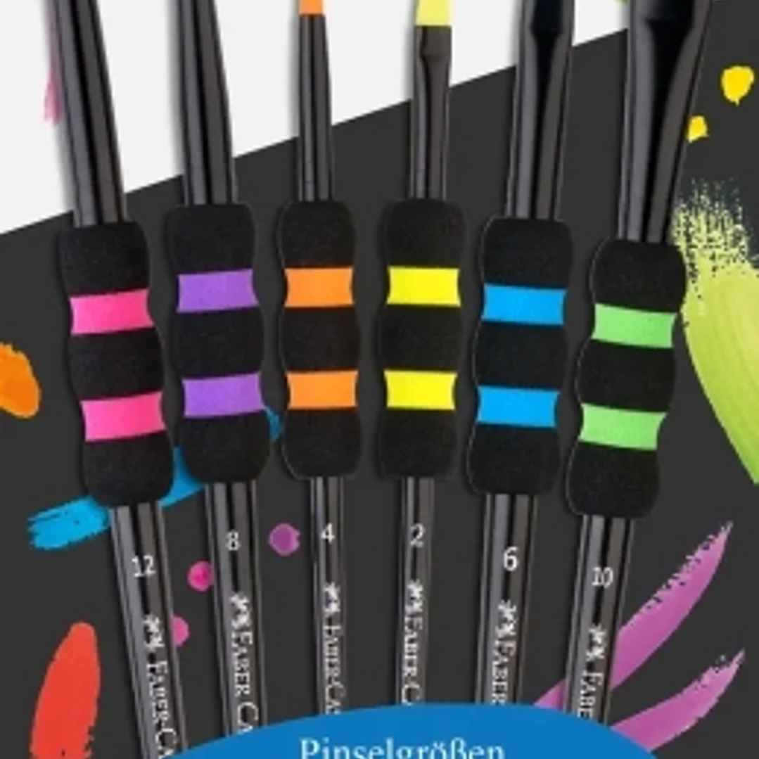 Faber-Castell Pack de 6 Pinceles Sinteticos de Diferentes Tamaños y Colores - Agarre Soft Touch - Color del Cuerpo Negro 1