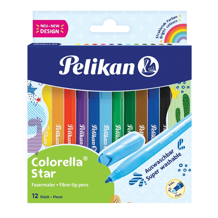 Pelikan Colorella Star Pack de 12 Rotuladores de Colores - Punta Fina - Tinta Lavable - Agarre Ergonomico - Colores vivos Surtidos 1