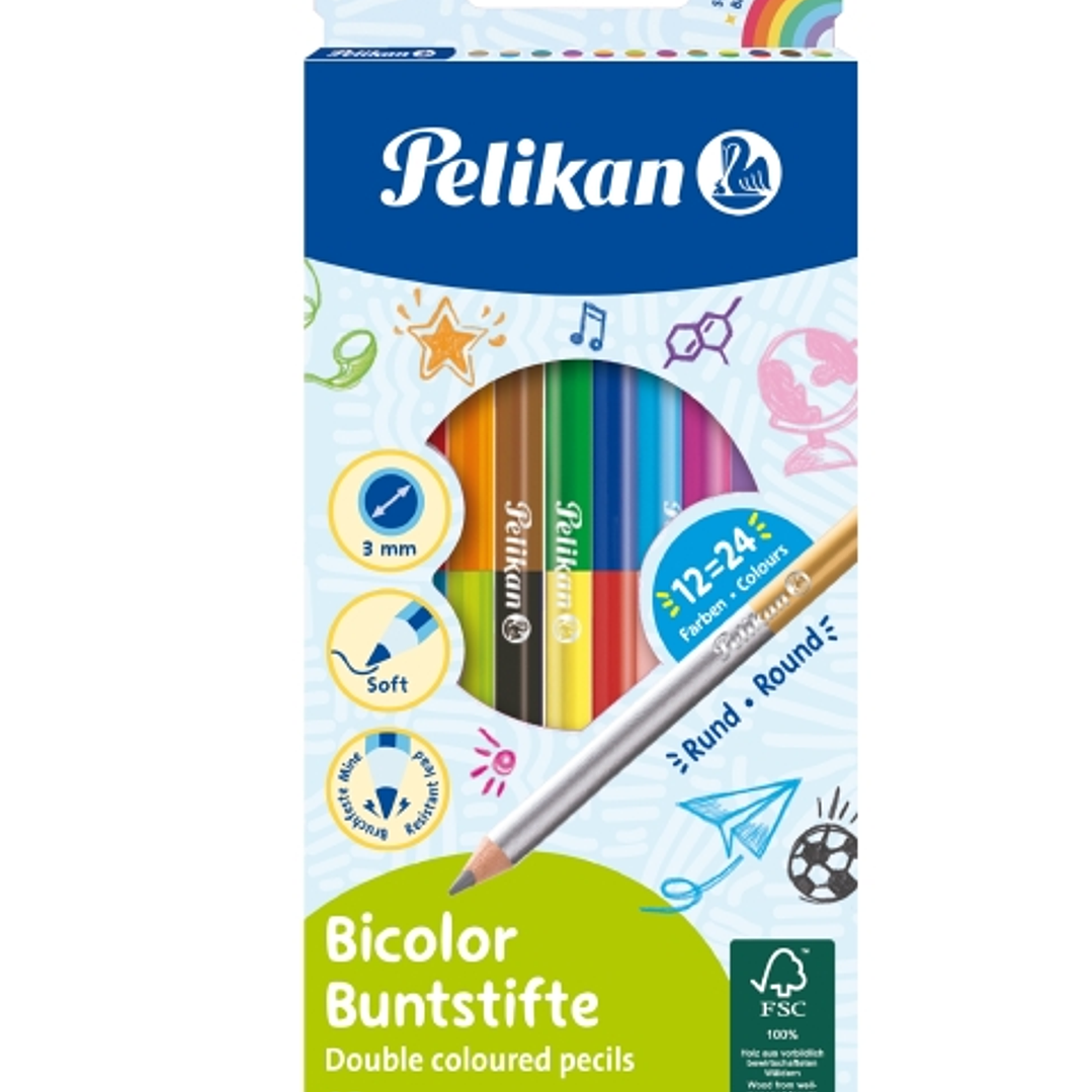 Pelikan Pack de 12 Lapices Bicolor - Redondos - Mina Antirotura de 2.9mm - Lavables - Colores Surtidos 1