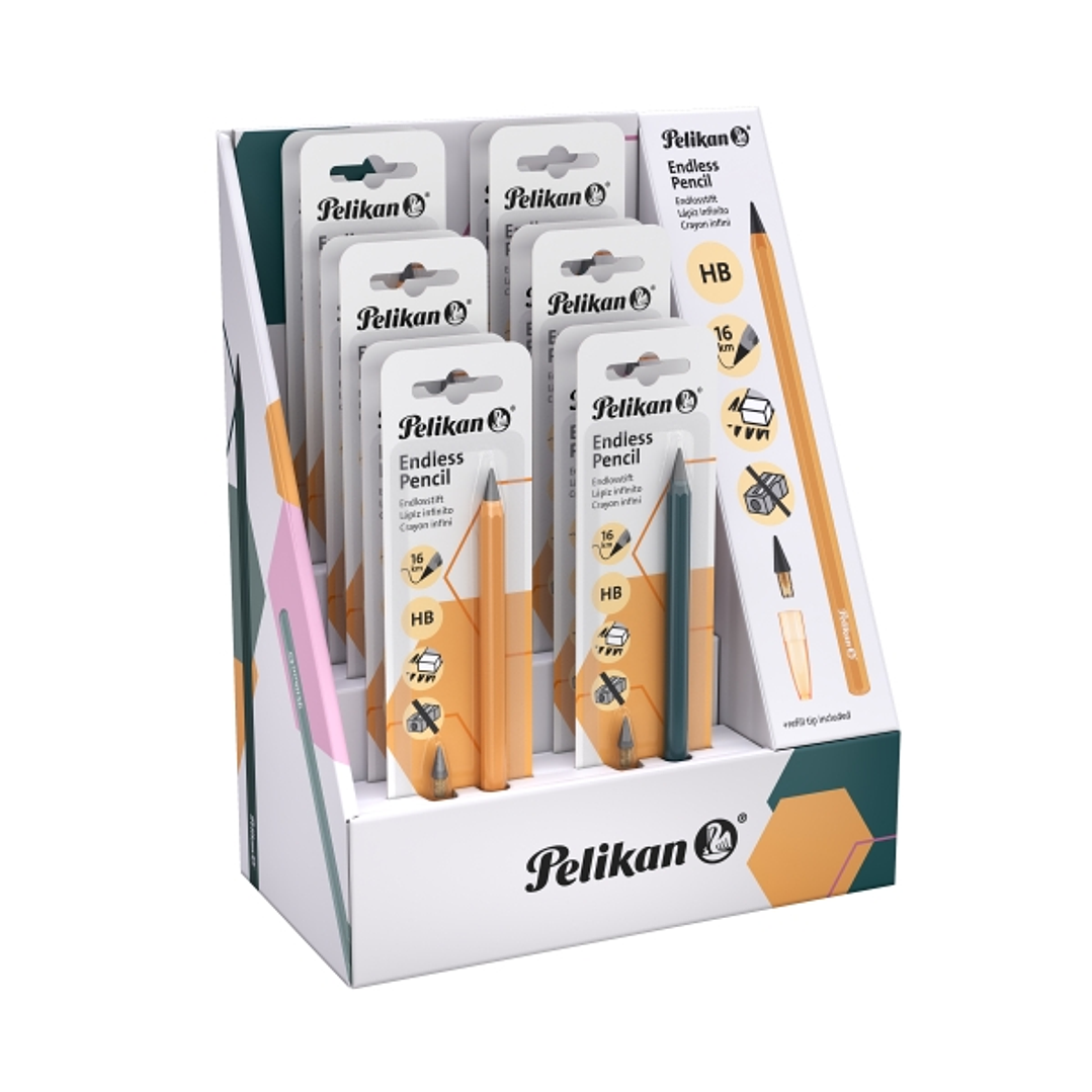 Pelikan Expositor con 12 Lapices Infinitos - Cuerpo de Aluminio - Permite Escribir hasta 16km sin Afilar - Capuchon a Juego - Borrable - Colores Surti 1
