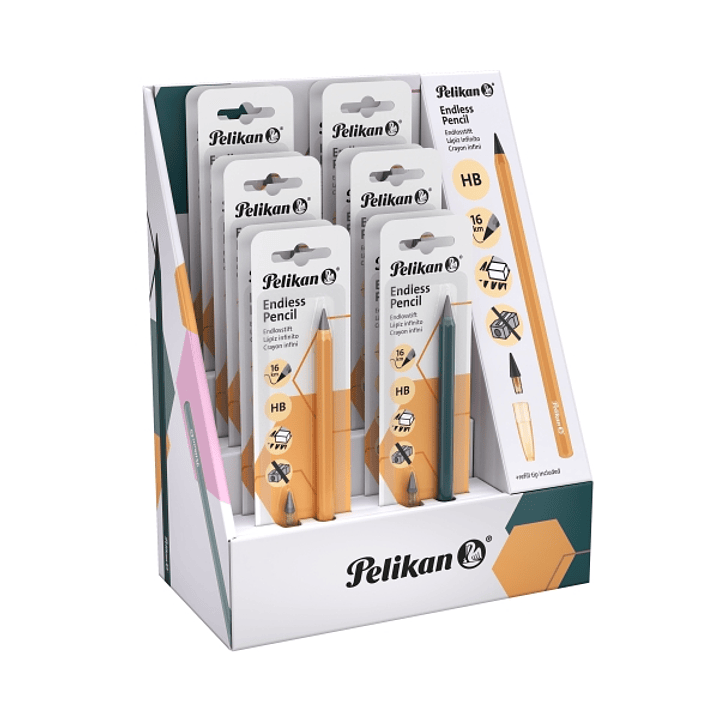 Pelikan Expositor con 12 Lapices Infinitos - Cuerpo de Aluminio - Permite Escribir hasta 16km sin Afilar - Capuchon a Juego - Borrable - Colores Surti 1