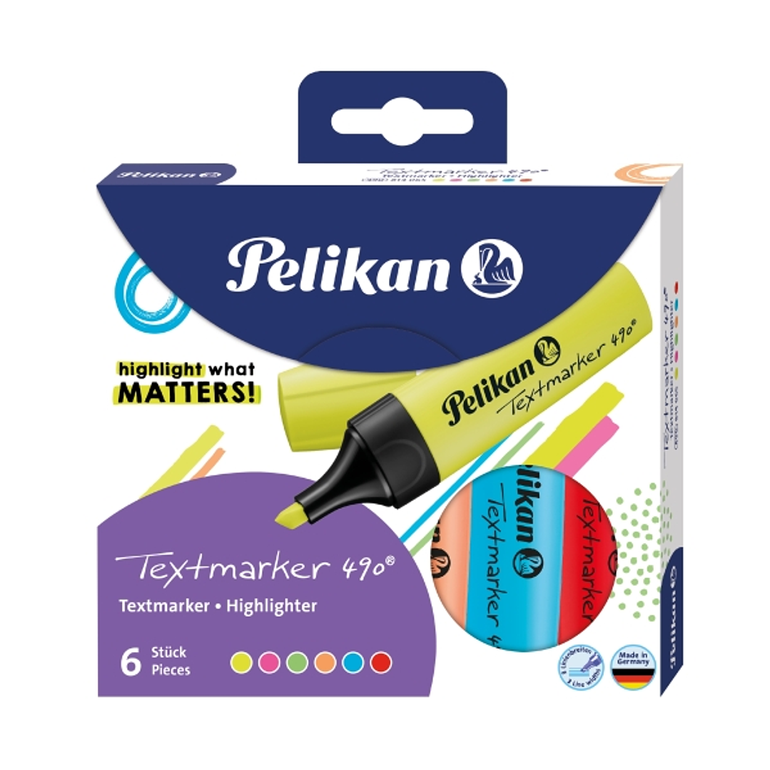 Pelikan Textmarker 490 Pack de 6 Marcadores Fluorescentes - Base de Agua - Punta Biselada con 3 Anchos de Trazo - Colores Surtidos 1