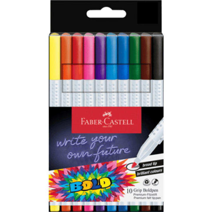 Faber-Castell Bold Pack con 10 Rotuladores de Colores con Grip - Punta Ancha - Trazo 1mm - Tinta a Base de Colorantes Alimentarios - Colores Surtidos 1