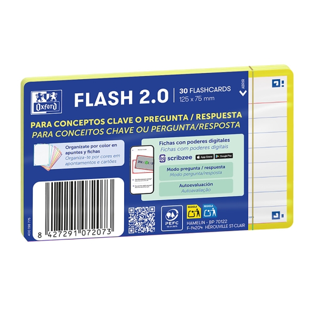 Oxford Pack de 30 FlashCards 2.0 - Formato A7 - Rayado Horizontal 1 Linea - Cartulina de 250g - Digitalizacion de Textos con App - Color Amarillo 1
