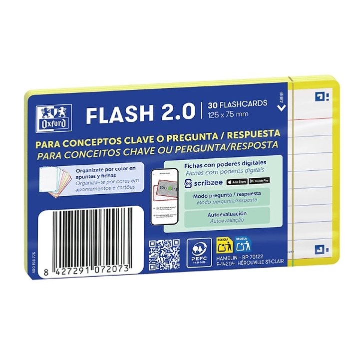 Oxford Pack de 30 FlashCards 2.0 - Formato A7 - Rayado Horizontal 1 Linea - Cartulina de 250g - Digitalizacion de Textos con App - Color Amarillo 1