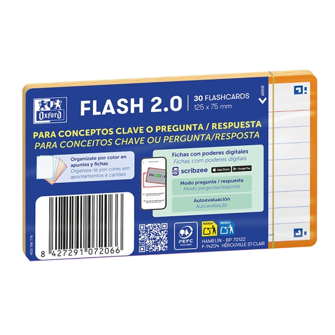 Oxford Pack de 30 FlashCards 2.0 - Formato A7 - Rayado Horizontal 1 Linea - Cartulina de 250g - Digitalizacion de Textos con App - Color Naranja 1