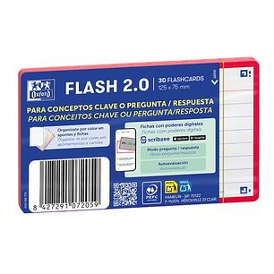 Oxford Pack de 30 FlashCards 2.0 - Formato A7 - Rayado Horizontal 1 Linea - Cartulina de 250g - Digitalizacion de Textos con App - Color Rojo