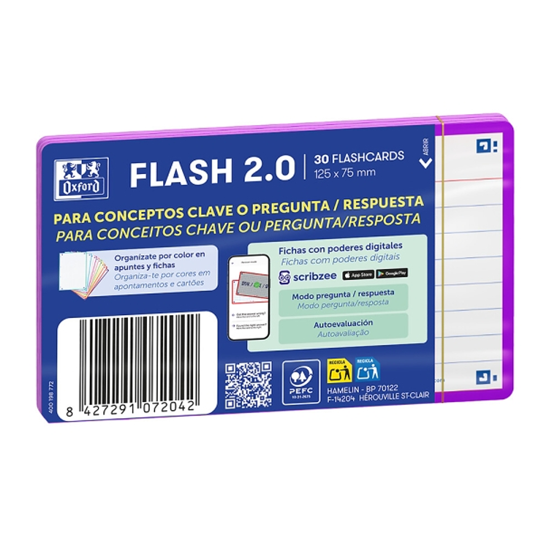 Oxford Pack de 30 FlashCards 2.0 - Formato A7 - Rayado Horizontal 1 Linea - Cartulina de 250g - Digitalizacion de Textos con App - Color Morado 1