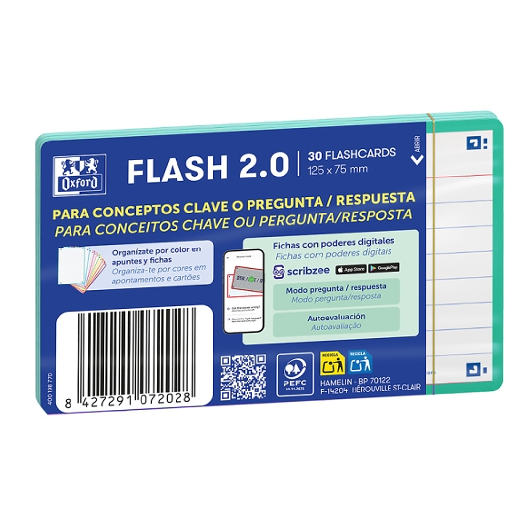 Oxford Pack de 30 FlashCards 2.0 - Formato A7 - Rayado Horizontal 1 Linea - Cartulina de 250g - Digitalizacion de Textos con App - Color Menta 1