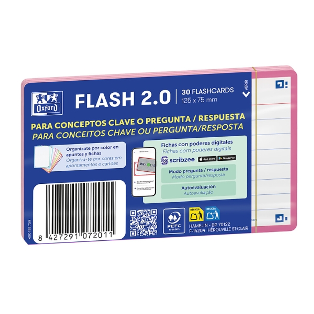 Oxford Pack de 30 FlashCards 2.0 - Formato A7 - Rayado Horizontal 1 Linea - Cartulina de 250g - Digitalizacion de Textos con App - Color Rosa 1