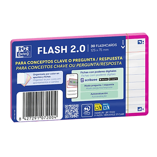 Oxford Pack de 30 FlashCards 2.0 - Formato A7 - Rayado Horizontal 1 Linea - Cartulina de 250g - Digitalizacion de Textos con App - Color Fucsia