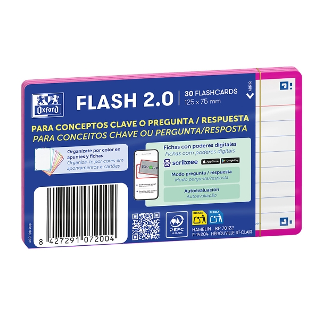 Oxford Pack de 30 FlashCards 2.0 - Formato A7 - Rayado Horizontal 1 Linea - Cartulina de 250g - Digitalizacion de Textos con App - Color Fucsia 1
