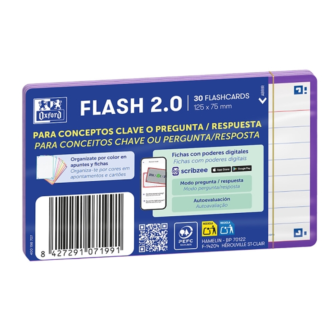 Oxford Pack de 30 FlashCards 2.0 - Formato A7 - Rayado Horizontal 1 Linea - Cartulina de 250g - Digitalizacion de Textos con App - Color Lila 1