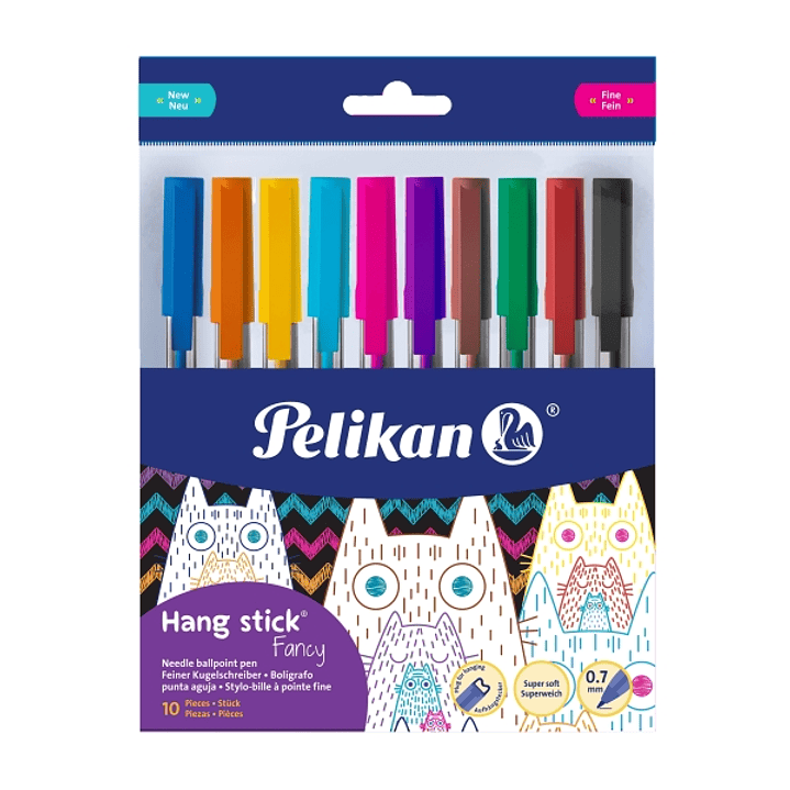 Pelikan Hang Stick Pack de 10 Boligrafos de Bola - Trazo de 0.7mm - Capuchon Antiasfixia - Cuerpo Triangular Ergonomico - Gancho - Tinta a Base de Ace 1