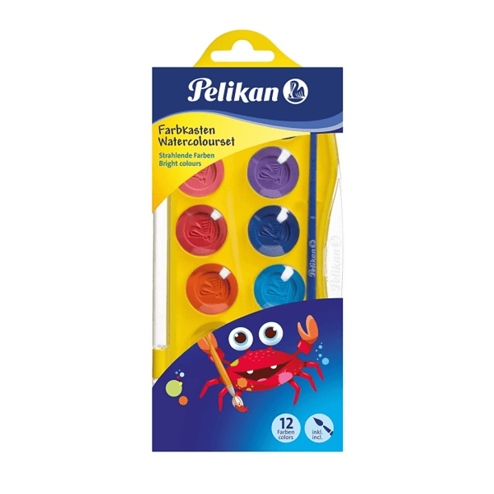 Pelikan Junior Pack de 12 Acuarelas - Incluye 1 Pincel - Facil de Diluir y Mezclar - No Toxicas - Lavable - Colores Surtidos 1