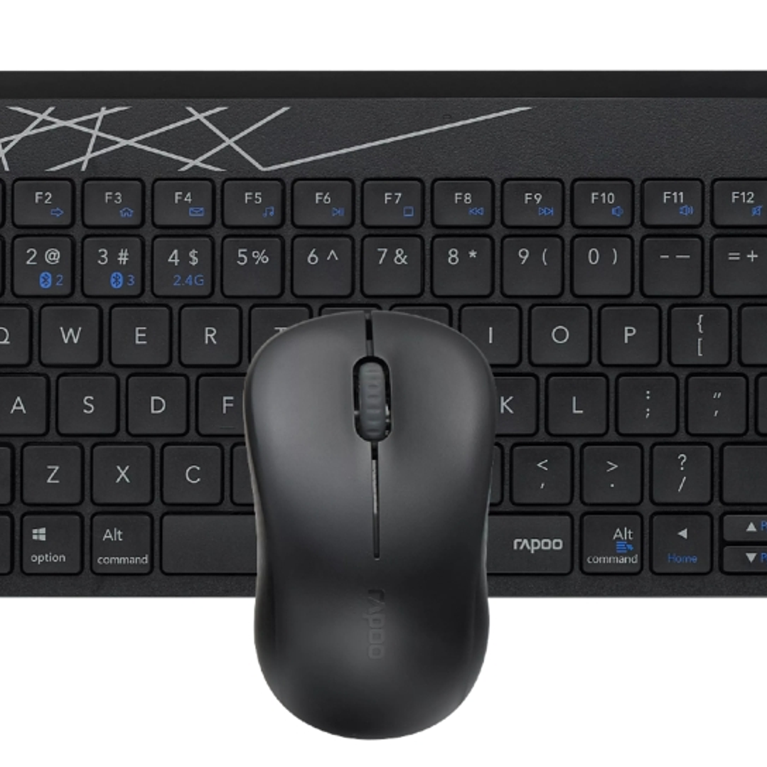 Rapoo 8000M Pack Teclado Compacto + Raton Inalambricos - Bluetooth y 2.4GHz -  Raton 1300 DPI - Autonomia hasta 12 Meses - Color Negro 1