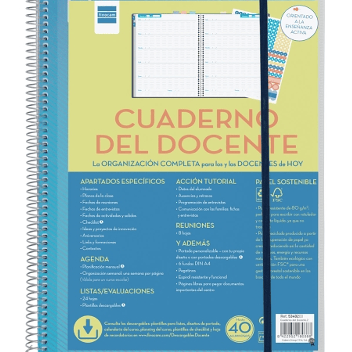 Finocam Organizacion Agenda sin Fechar para Docentes - Semana Vista - 230x310mm - Tapas de Polipropileno - Papel de 80g/m2 - Espiral de Plastico - Adh 1