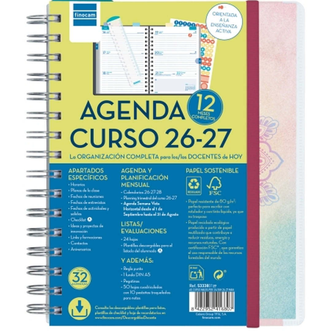 Finocam Magistral Agenda Escolar 26/27 - Semana Vista Horizontal - Formato 4º - 155x212mm - Tapas de Polipropileno - Papel de 80g/m2 - Espiral Metalic 1