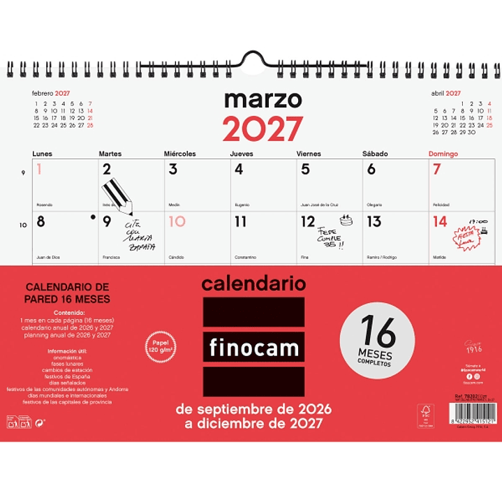Finocam Neutro Calendario de Pared - 16 Meses - Mes Vista - Formato L - 340x240mm - Espiral Doble Metalica - Papel de 120g/m2 - Listado de Festivos -  1
