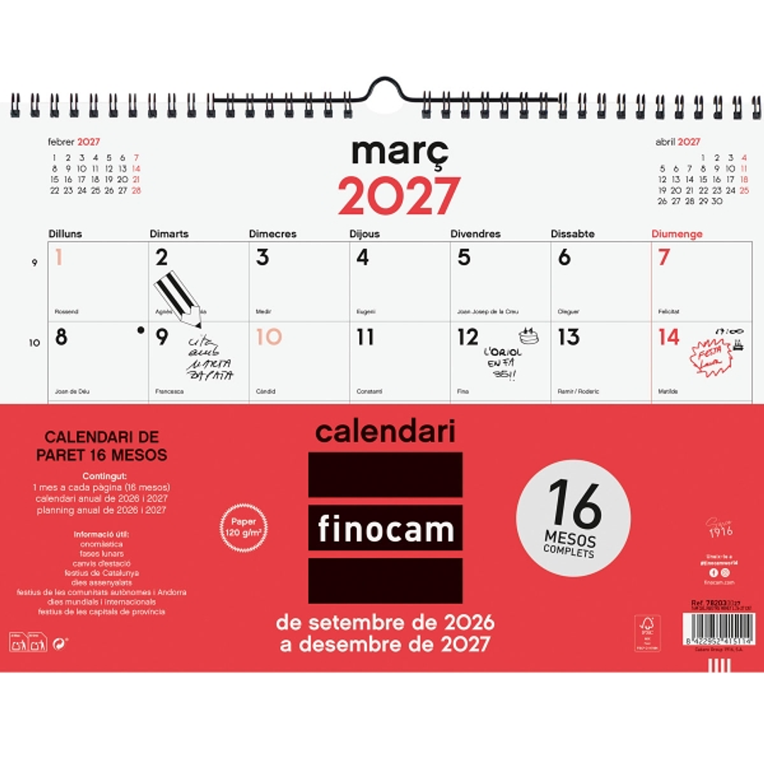 Finocam Neutro Calendario de Pared en Catalan - 16 Meses - Mes Vista - Formato L - 340x240mm - Espiral Doble Metalica - Papel de 120g/m2 - Listado de  1