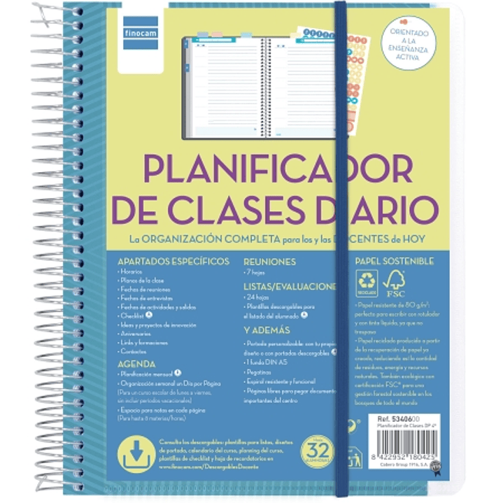 Finocam Organizacion Planificador de Clases sin Fechar para Docentes - 1 Dia por Pagina - Formato 4º - 155x212mm - Tapas de Polipropileno - Papel de 8 1